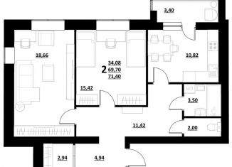 2-ком. квартира на продажу, 71.5 м2, посёлок городского типа Северный