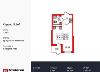 Продаю квартиру студию, 25.2 м2, посёлок Стрельна