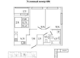 Двухкомнатная квартира на продажу, 55 м2, посёлок Парголово