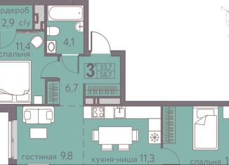 Продажа трехкомнатной квартиры, 58.7 м2, Пермь, ЖК Погода