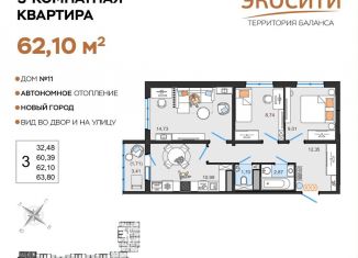 Продажа трехкомнатной квартиры, 62.1 м2, Ульяновск, жилой комплекс ЭкоСити, 11, ЖК ЭкоСити