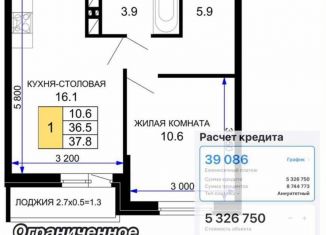 Продажа 1-комнатной квартиры, 38 м2, Краснодар