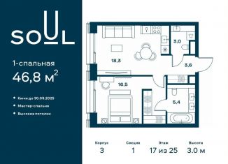 1-комнатная квартира на продажу, 46.8 м2, Москва, метро Аэропорт