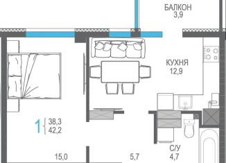 Продам 1-комнатную квартиру, 42.2 м2, Крым