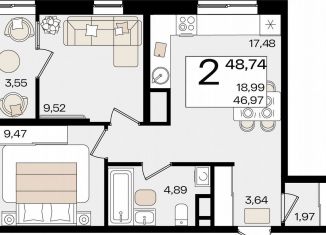 Продаю 2-комнатную квартиру, 48.7 м2, Краснодар, микрорайон ХБК