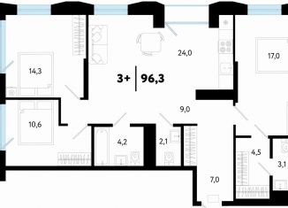 3-ком. квартира на продажу, 96.3 м2, Тюмень, Ленинский округ, улица Судостроителей, 56