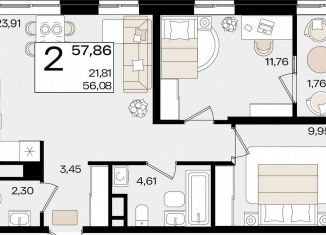 Продажа 2-ком. квартиры, 57.9 м2, Краснодар, микрорайон ХБК, Старокубанская улица, 122/8