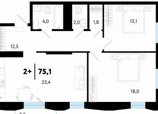 Продажа двухкомнатной квартиры, 75.2 м2, Тюмень, улица Судостроителей, 56