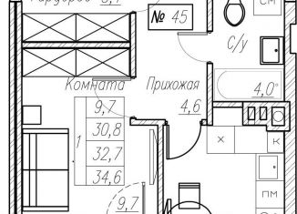 Однокомнатная квартира на продажу, 32.7 м2, Калининградская область