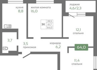 Продается трехкомнатная квартира, 64 м2, Красноярск, Октябрьский район