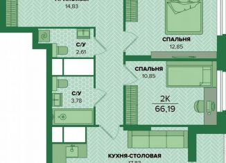 Продается двухкомнатная квартира, 66.2 м2, Тула, Центральный территориальный округ