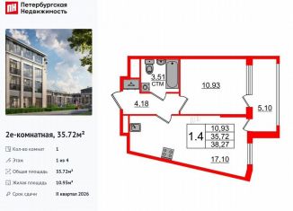 Продам 1-комнатную квартиру, 35.7 м2, посёлок Стрельна