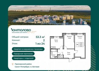 Продаю 2-ком. квартиру, 53.3 м2, Санкт-Петербург, Ивинская улица, 19к3