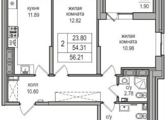 Продаю 2-комнатную квартиру, 55.7 м2, посёлок Парголово, Заречная улица, 52к2, ЖК Северная Долина