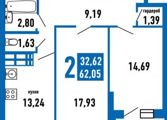 Двухкомнатная квартира на продажу, 52.2 м2, Самара