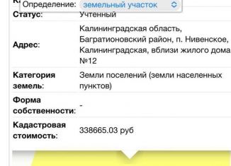 Продается земельный участок, 8 сот., поселок Нивенское, Калининградская улица, 12