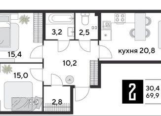 Продажа двухкомнатной квартиры, 69.9 м2, Краснодар, ЖК Парк Победы