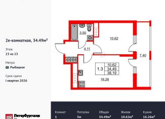 Продается однокомнатная квартира, 34.5 м2, Ленинградская область