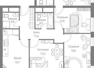 Продам трехкомнатную квартиру, 94.7 м2, Москва, станция Немчиновка