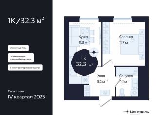 Продам 1-ком. квартиру, 32.3 м2, Тюмень, Центральный округ, Новгородская улица, 22