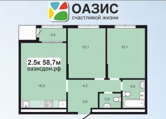 2-комнатная квартира на продажу, 58.7 м2, Ижевск, улица Телегина, 101, ЖК Оазис