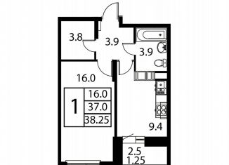 Продажа 1-комнатной квартиры, 38.3 м2, Домодедово