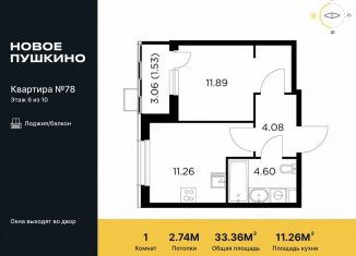 1-ком. квартира на продажу, 33.4 м2, Пушкино, микрорайон Новое Пушкино, к28