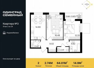 Продам 2-ком. квартиру, 64 м2, Одинцово, микрорайон Клубничное Поле, 5