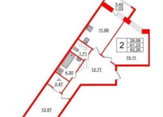 Продается двухкомнатная квартира, 62.3 м2, Санкт-Петербург, проспект Авиаконструкторов, 54, муниципальный округ Юнтолово