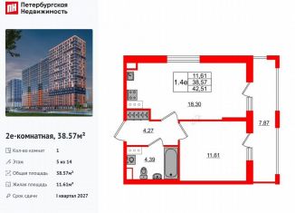 Однокомнатная квартира на продажу, 38.6 м2, деревня Новосаратовка