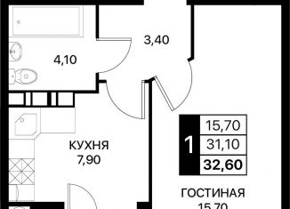 1-комнатная квартира на продажу, 32.6 м2, Ростов-на-Дону