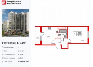 Продаю 1-ком. квартиру, 37.1 м2, Бугры