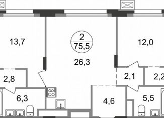 2-ком. квартира на продажу, 75.5 м2, Московская область