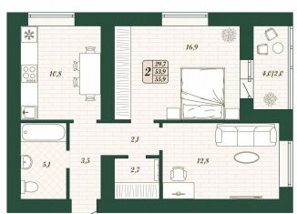 Продается 2-ком. квартира, 53.9 м2, поселок городского типа Стройкерамика