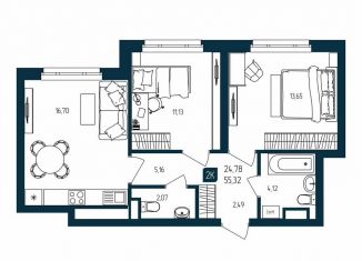 Продажа двухкомнатной квартиры, 55.3 м2, Тюмень