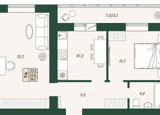 Продается 2-комнатная квартира, 55.6 м2, поселок городского типа Стройкерамика