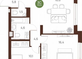 Продается 2-ком. квартира, 59.6 м2, Новосибирск, метро Площадь Ленина