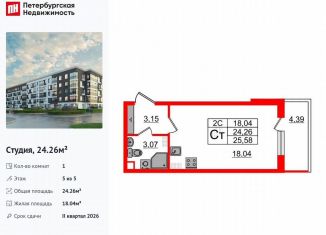 Продается квартира студия, 24.3 м2, Санкт-Петербург, муниципальный округ Пулковский Меридиан