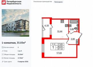 Продажа 1-ком. квартиры, 35 м2, Санкт-Петербург, муниципальный округ Пулковский Меридиан