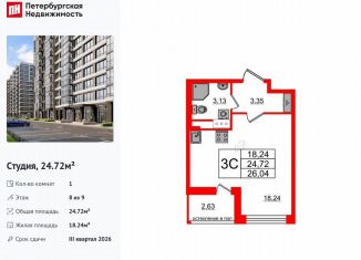 Квартира на продажу студия, 24.7 м2, Санкт-Петербург, метро Проспект Ветеранов