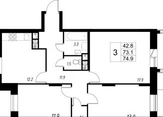 Продается 3-комнатная квартира, 73.1 м2, деревня Сабурово, Рождественская улица, 2, ЖК Митино О2