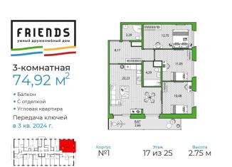 Продам 3-комнатную квартиру, 74.9 м2, Санкт-Петербург, ЖК Френдс