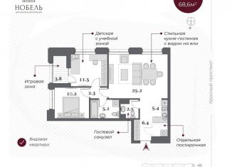 Продам трехкомнатную квартиру, 68.6 м2, Новосибирск, ЖК Нобель, Красный проспект, 220стр
