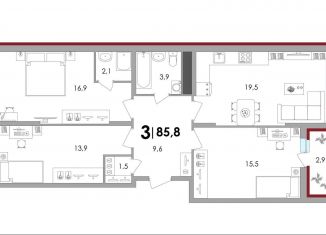 3-комнатная квартира на продажу, 85.8 м2, Тверь, ЖК Южный