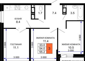 Трехкомнатная квартира на продажу, 55.2 м2, Краснодар, Прикубанский округ