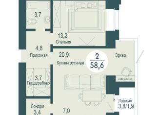 Продам 2-комнатную квартиру, 58.6 м2, Красноярск, ЖК Скандис озеро, улица Авиаторов, 34