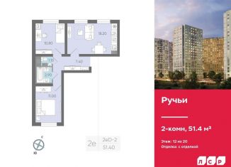 Двухкомнатная квартира на продажу, 51.4 м2, Санкт-Петербург, муниципальный округ Полюстрово