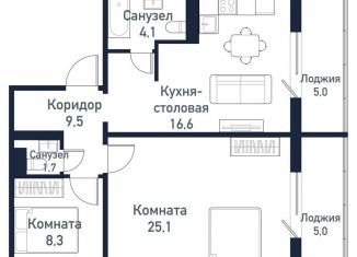 2-комнатная квартира на продажу, 65.3 м2, Челябинская область, улица имени капитана Ефимова, 8