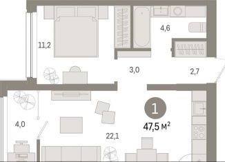 1-комнатная квартира на продажу, 47.5 м2, Тюмень, Центральный округ