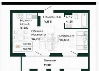Продается двухкомнатная квартира, 43.7 м2, Барнаул, проспект Строителей, 18, Железнодорожный район